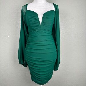 12TH TRIBE Mesh Ruched Mini Dress Women Size M Emerald Green Glam Chic Bodycon